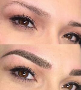 Brows before and after showing microbladed brows 